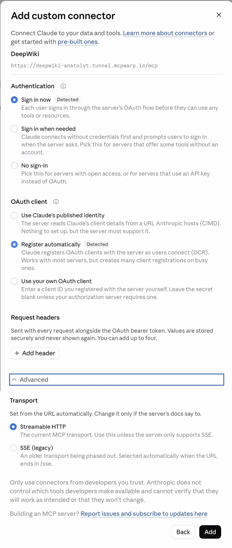 claude.ai connector options showing Authentication set to Sign in now and OAuth client set to Register automatically, both marked Detected, with Request headers and Streamable HTTP transport below.