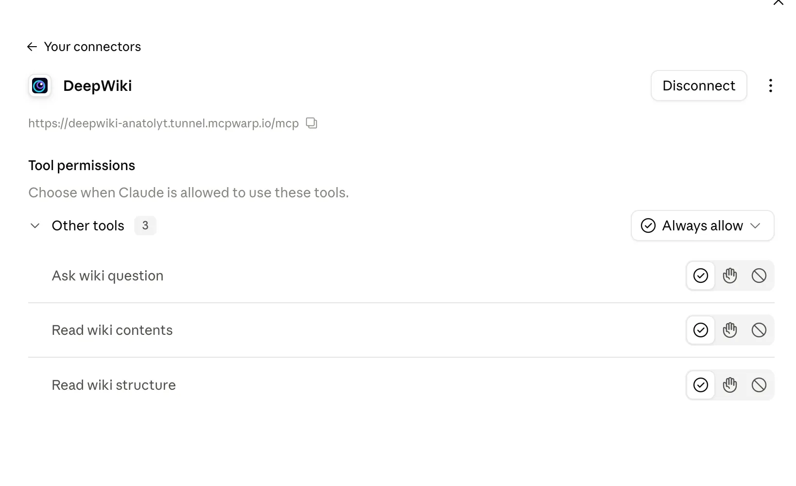 claude.ai connector page for DeepWiki showing the tunnel URL and three tools under Tool permissions set to Always allow.
