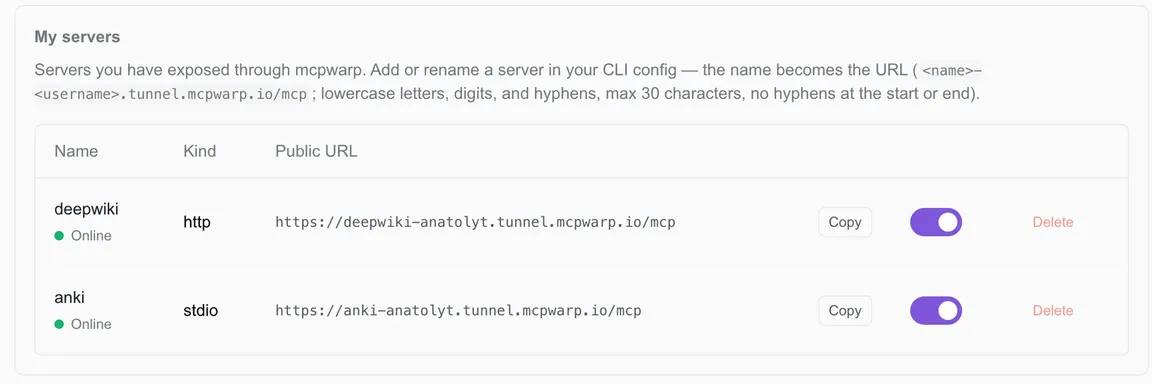The web.mcpwarp.io dashboard listing two servers with their public URLs, Online status and enable toggles.