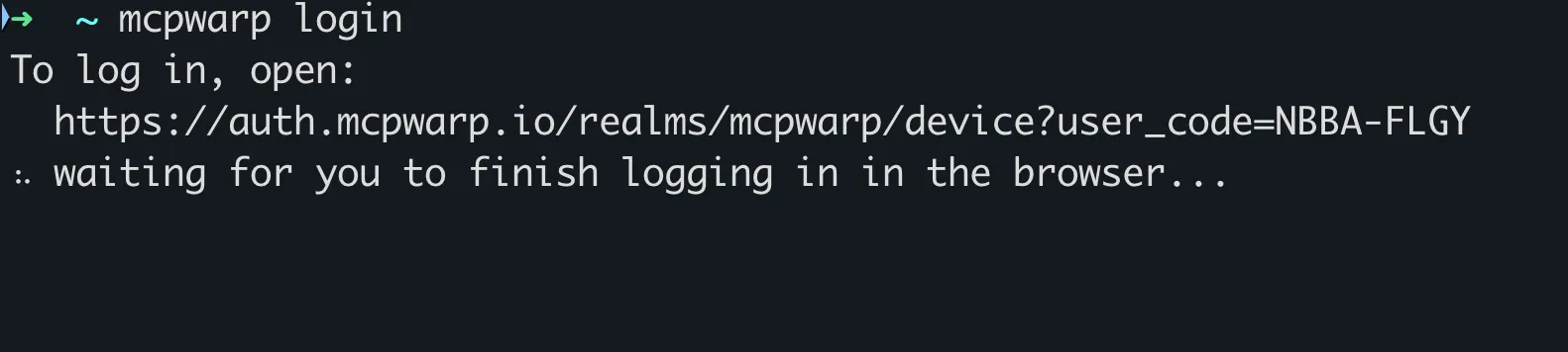 Terminal running mcpwarp login, printing an auth.mcpwarp.io device URL with a user code and waiting for the browser.