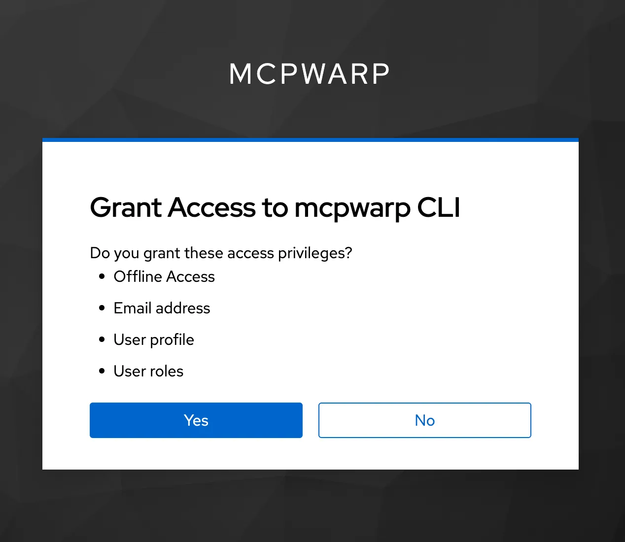Grant Access to mcpwarp CLI page asking to allow offline access, email address, user profile and user roles.