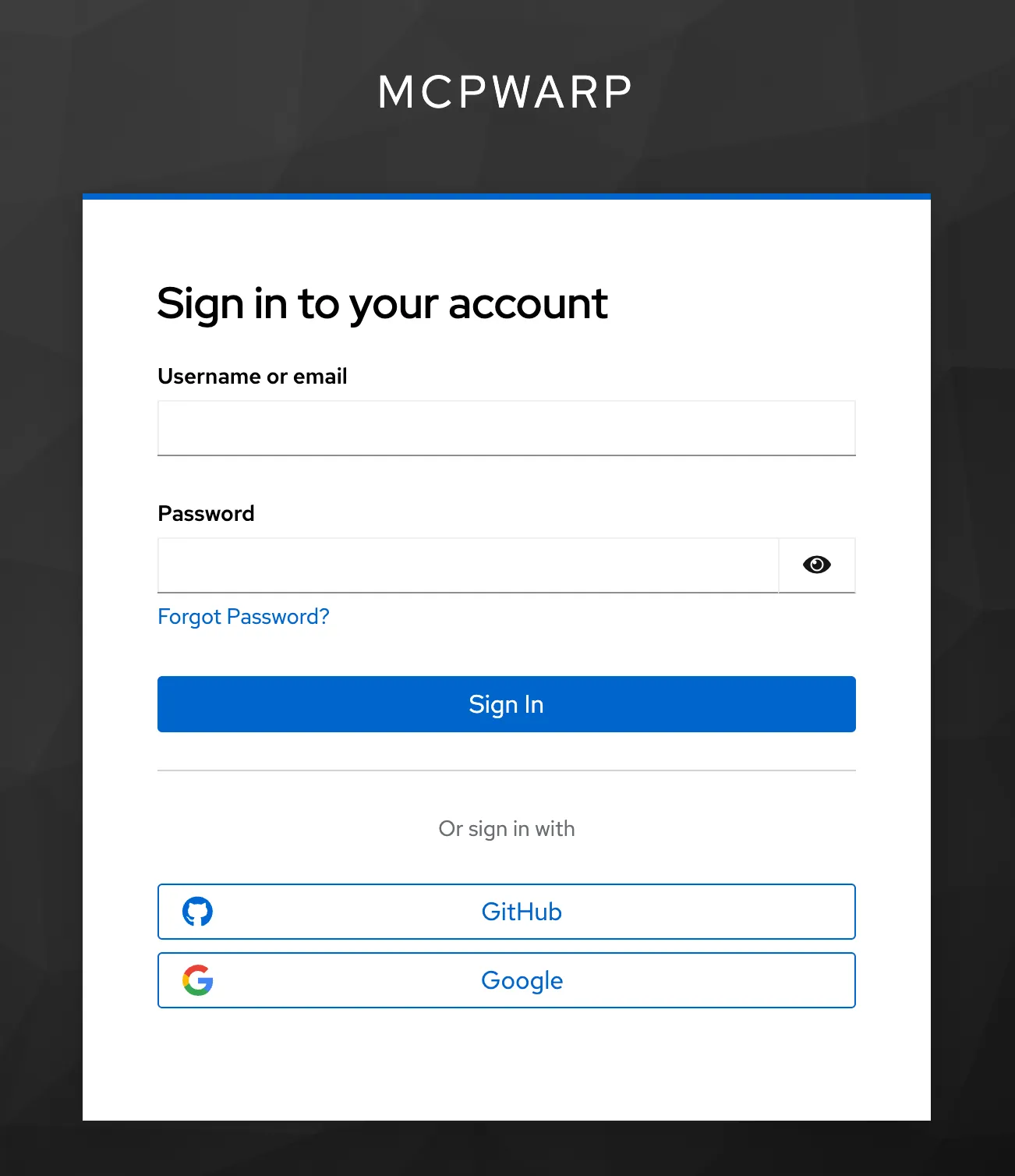 MCP Warp sign-in page with username or email, password, and GitHub and Google sign-in options.