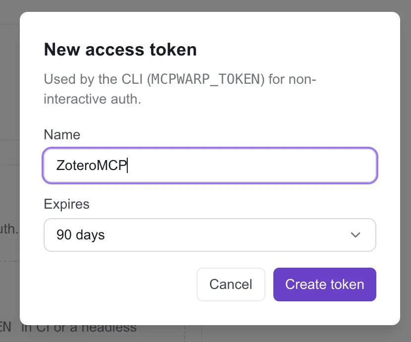 New access token dialog with a name field and a 90-day expiry