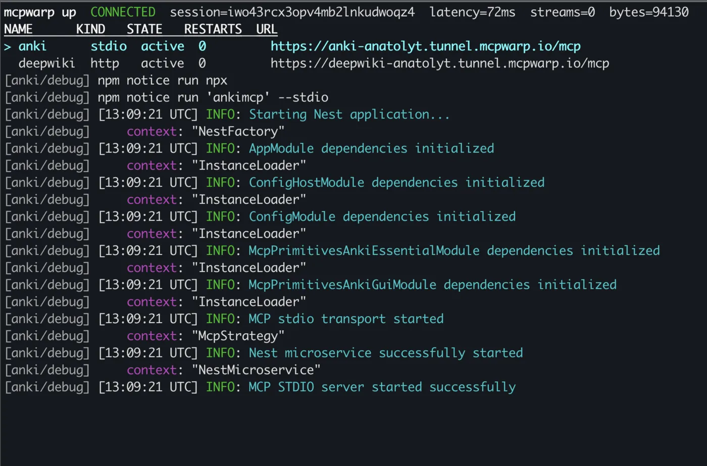 The mcpwarp up TUI showing a stdio server and an http server both active with public URLs, and the log pane open with the stdio server’s startup output.