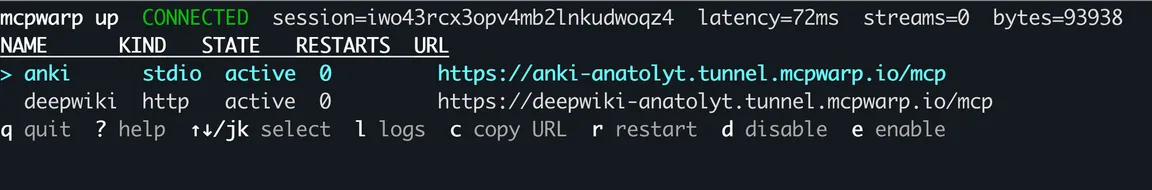 The mcpwarp up TUI showing a stdio server and an http server, both active, each with its own public tunnel URL.